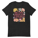 black women's t-shirt with sarcastic saying "don't come around me if your dokies ain't okie" with boho pink, yellow floral design