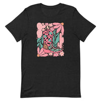 women's black T-shirt with Cowgirl Boot, feminine Western Design with cactus, flowers in pink, green