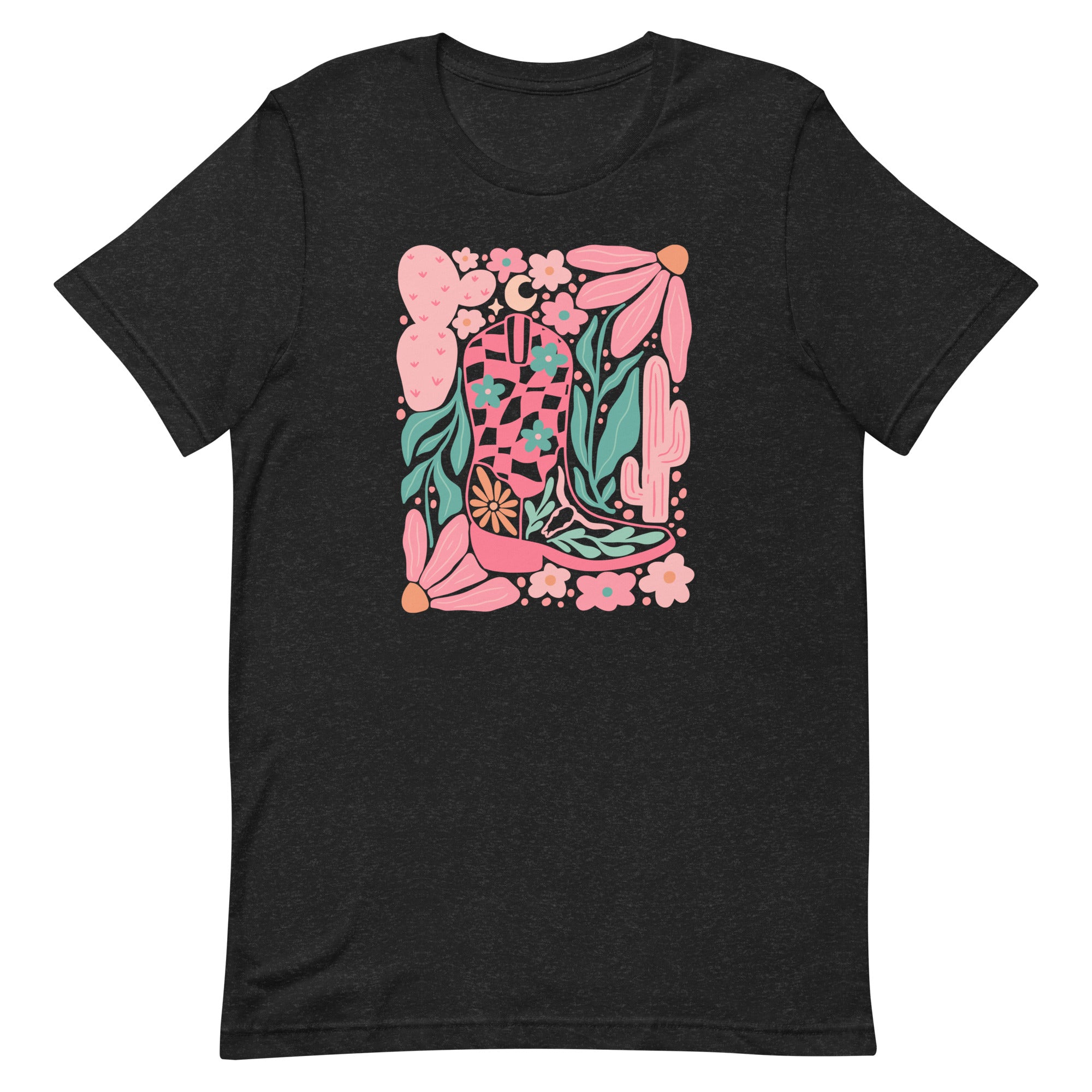 women's black T-shirt with Cowgirl Boot, feminine Western Design with cactus, flowers in pink, green