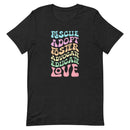 black t-shirt with animal, dog saying "rescue, adopt, foster, advocate, educate, love" in pink, blue, peach, yellow, green