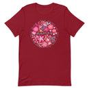 red women's t-shirt with vintage boho pink floral design with "Mama" text
