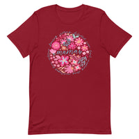 red women's t-shirt with vintage boho pink floral design with "Mama" text