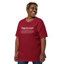 dark red unisex t-shirt with "dog-trovert" text with definition for shy dog owner, introvert dog lover.