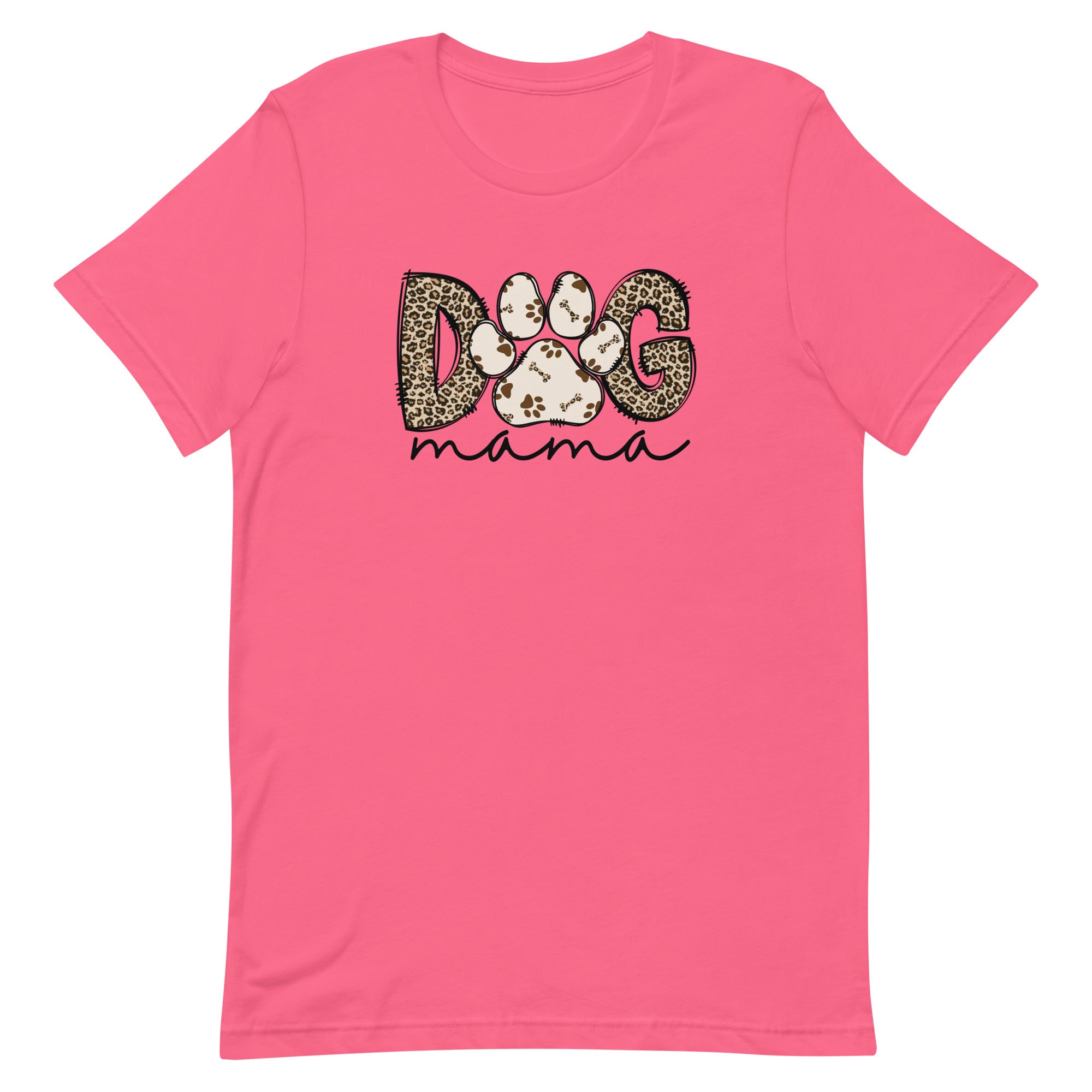 bright pink women's t-shirt with hip "Dog Mama" text in leopard animal print