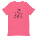 bright pink t-shirt with animal, shelter pet saying "rescue, adopt, foster" with 3 cute cartoon dog images