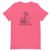 bright pink t-shirt with animal, shelter pet saying "rescue, adopt, foster" with 3 cute cartoon dog images