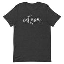 women's dark gray t-shirt with simple, minimalist "cat mom" and cat paw prints in white