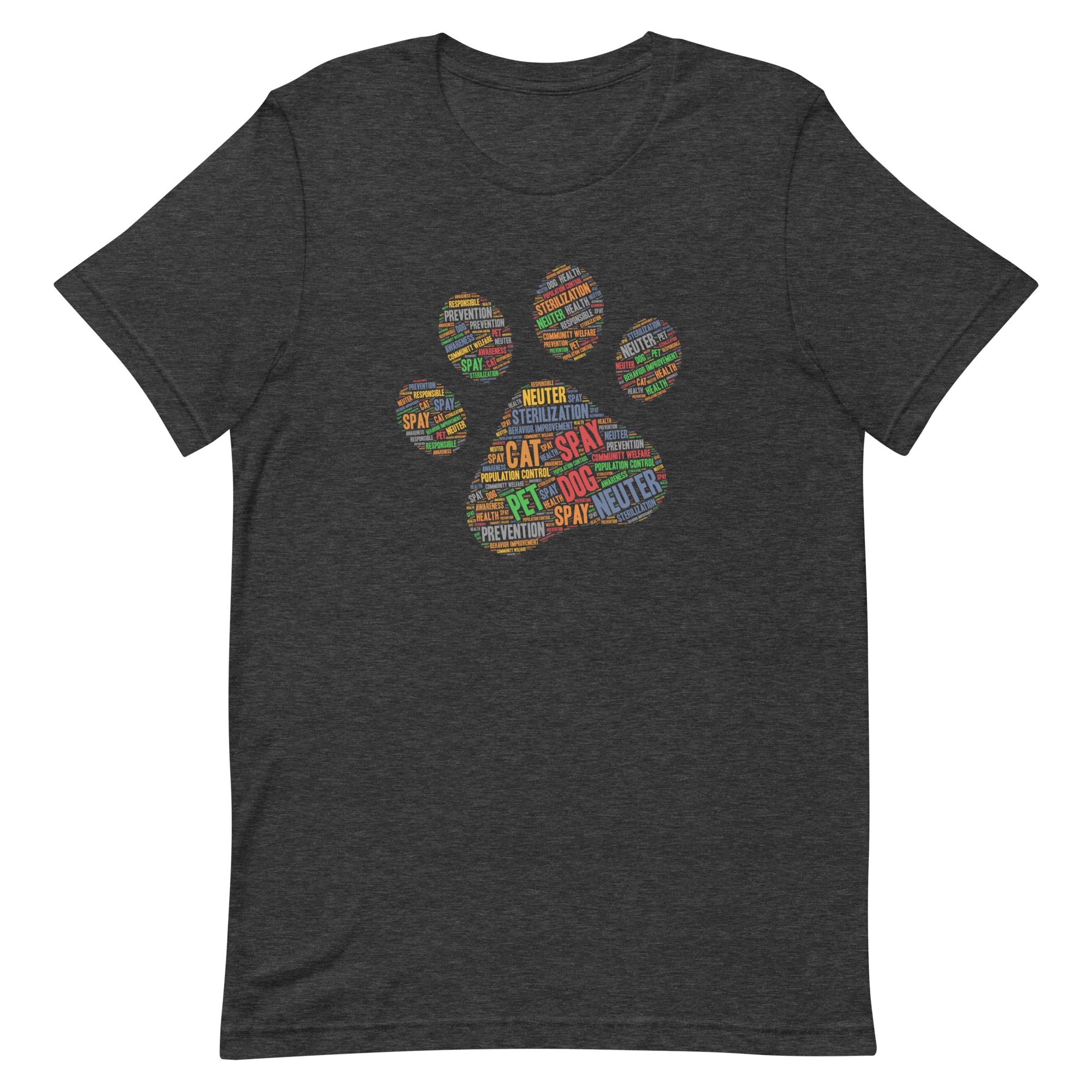 Spay and neuter dark gray t-shirt with a paw print design