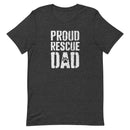 men's dark gray t-shirt with "proud rescue dad" vintage text for cat and dog dads of shelter pets