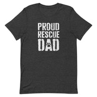 men's dark gray t-shirt with "proud rescue dad" vintage text for cat and dog dads of shelter pets