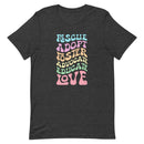 dark gray t-shirt with animal, dog saying "rescue, adopt, foster, advocate, educate, love" in pink, blue, peach, yellow, green