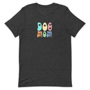 dark gray women's t-shirt with simple cute "Dog Mom" text in bright 6 colors with floral accents for gift.