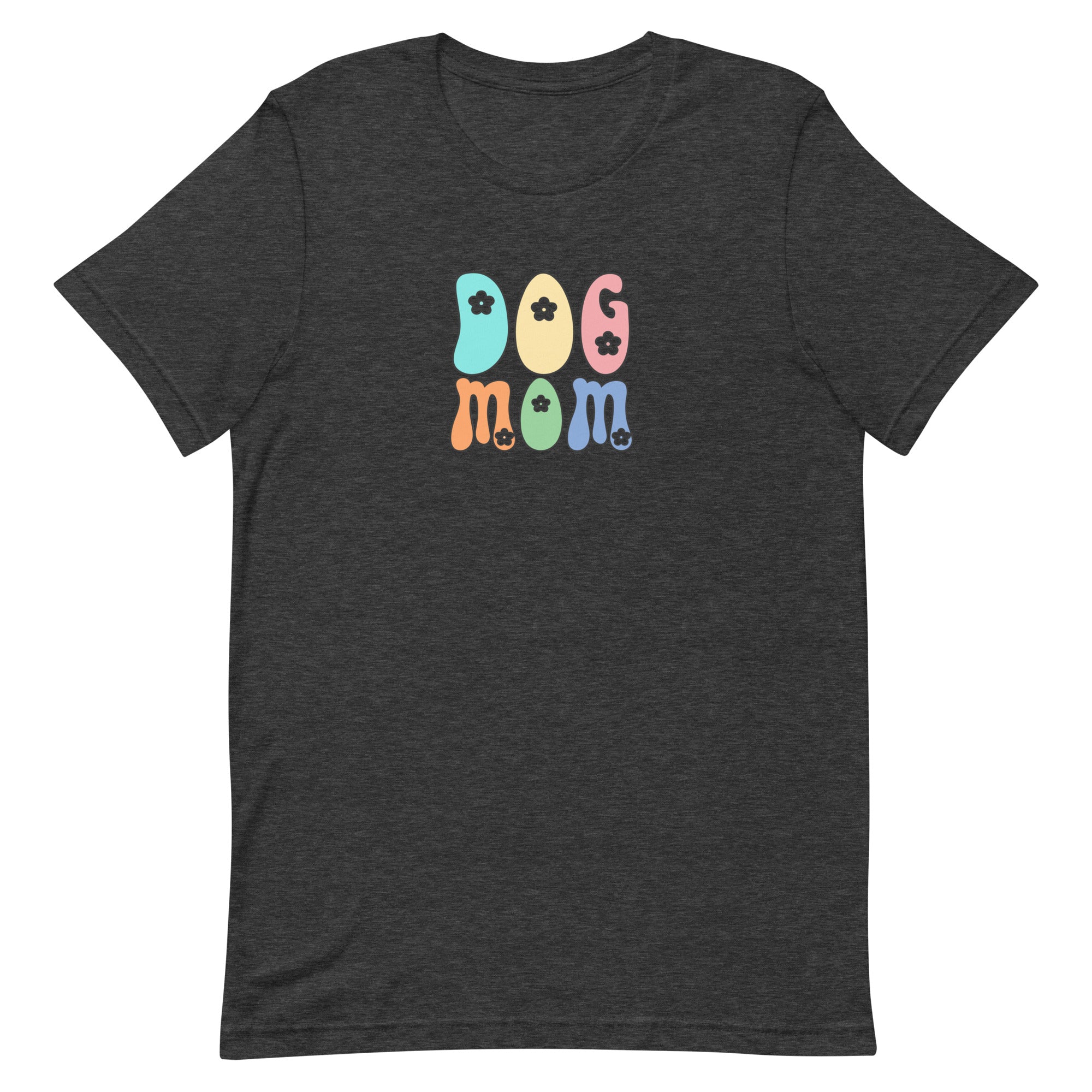 dark gray women's t-shirt with simple cute "Dog Mom" text in bright 6 colors with floral accents for gift.
