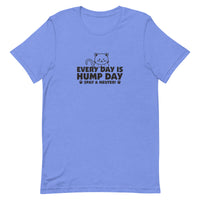 blue t-shirt with Every Day is Hump Day Spay and Neuter text