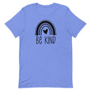 bright blue unisex t-shirt with positive message "be kind" with a cute rainbow and heart. all black design.