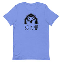 bright blue unisex t-shirt with positive message "be kind" with a cute rainbow and heart. all black design.