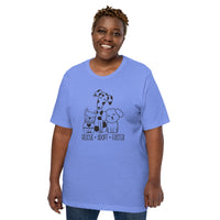  bright blue t-shirt with animal, shelter pet saying "rescue, adopt, foster" with 3 cute cartoon dog images