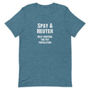 teal Blue t-shirt with white text 'SPAY & NEUTER HELP CONTROL THE PET POPULATION'