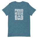 men's blue t-shirt with "proud rescue dad" vintage text for cat and dog dads of shelter pets