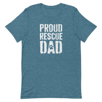 men's blue t-shirt with "proud rescue dad" vintage text for cat and dog dads of shelter pets