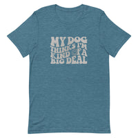 unisex teal blue t-shirt with a funny animal saying "my dog thinks i'm kind of a big deal" in light gray wavy text with a smiley face