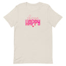 unisex light beige/oatmeal t-shirt with "choose happy" positive message in pink