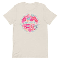 light beige women's t-shirt with vintage boho pink floral design with "Mama" text
