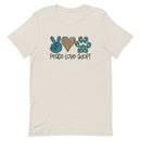 off-white t-shirt with "peace love adopt" text for pet adoption and animal shelter supporters with peace sign, heart, paw print in teal and leopard print