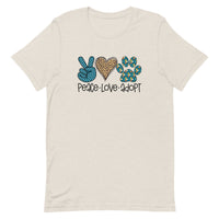 off-white t-shirt with "peace love adopt" text for pet adoption and animal shelter supporters with peace sign, heart, paw print in teal and leopard print