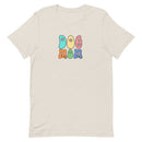 light beige women's t-shirt with simple cute "Dog Mom" text in bright 6 colors with floral accents for gift.