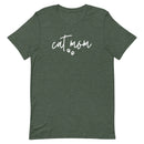 women's forest green t-shirt with simple, minimalist "cat mom" and cat paw prints in white