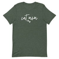 women's forest green t-shirt with simple, minimalist "cat mom" and cat paw prints in white