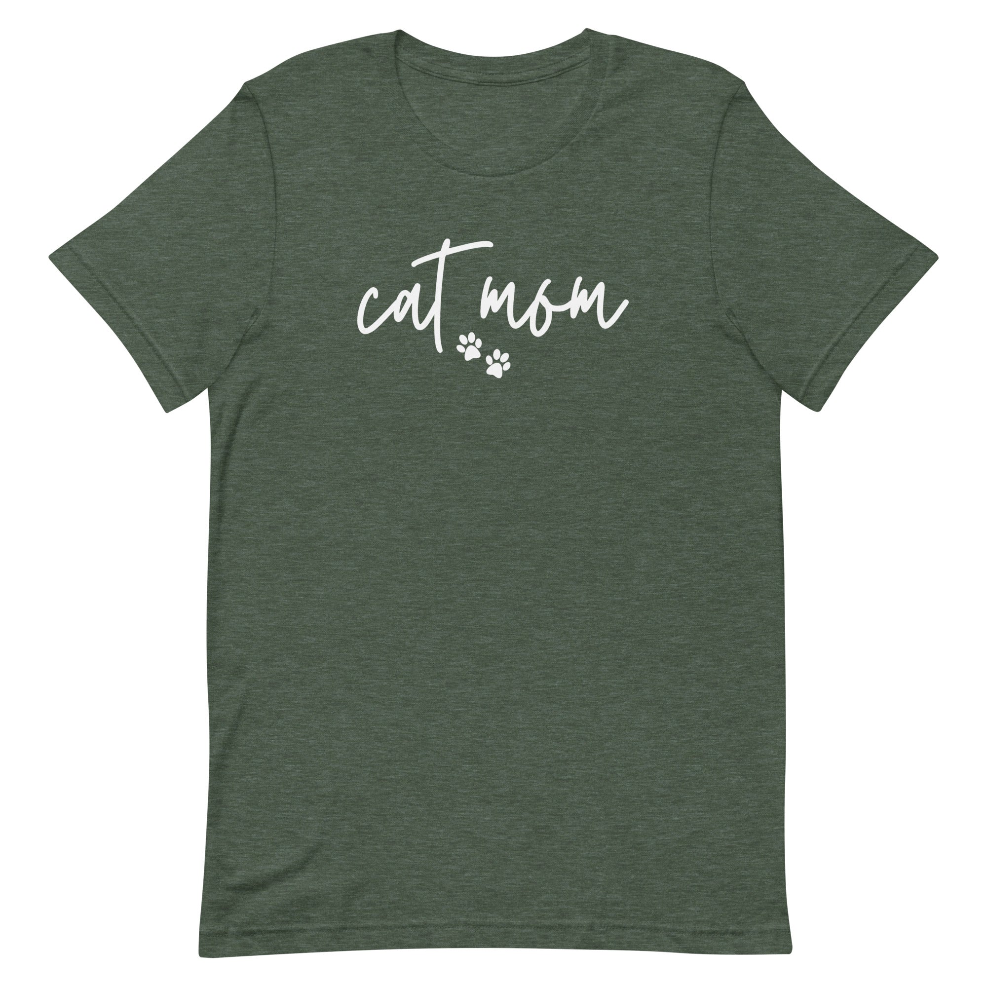women's forest green t-shirt with simple, minimalist "cat mom" and cat paw prints in white