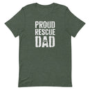 men's forest green t-shirt with "proud rescue dad" vintage text for cat and dog dads of shelter pets
