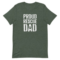 men's forest green t-shirt with "proud rescue dad" vintage text for cat and dog dads of shelter pets