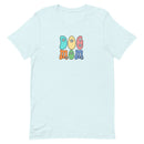 light blue women's t-shirt with simple cute "Dog Mom" text in bright 6 colors with floral accents for gift.