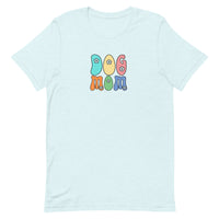 light blue women's t-shirt with simple cute "Dog Mom" text in bright 6 colors with floral accents for gift.