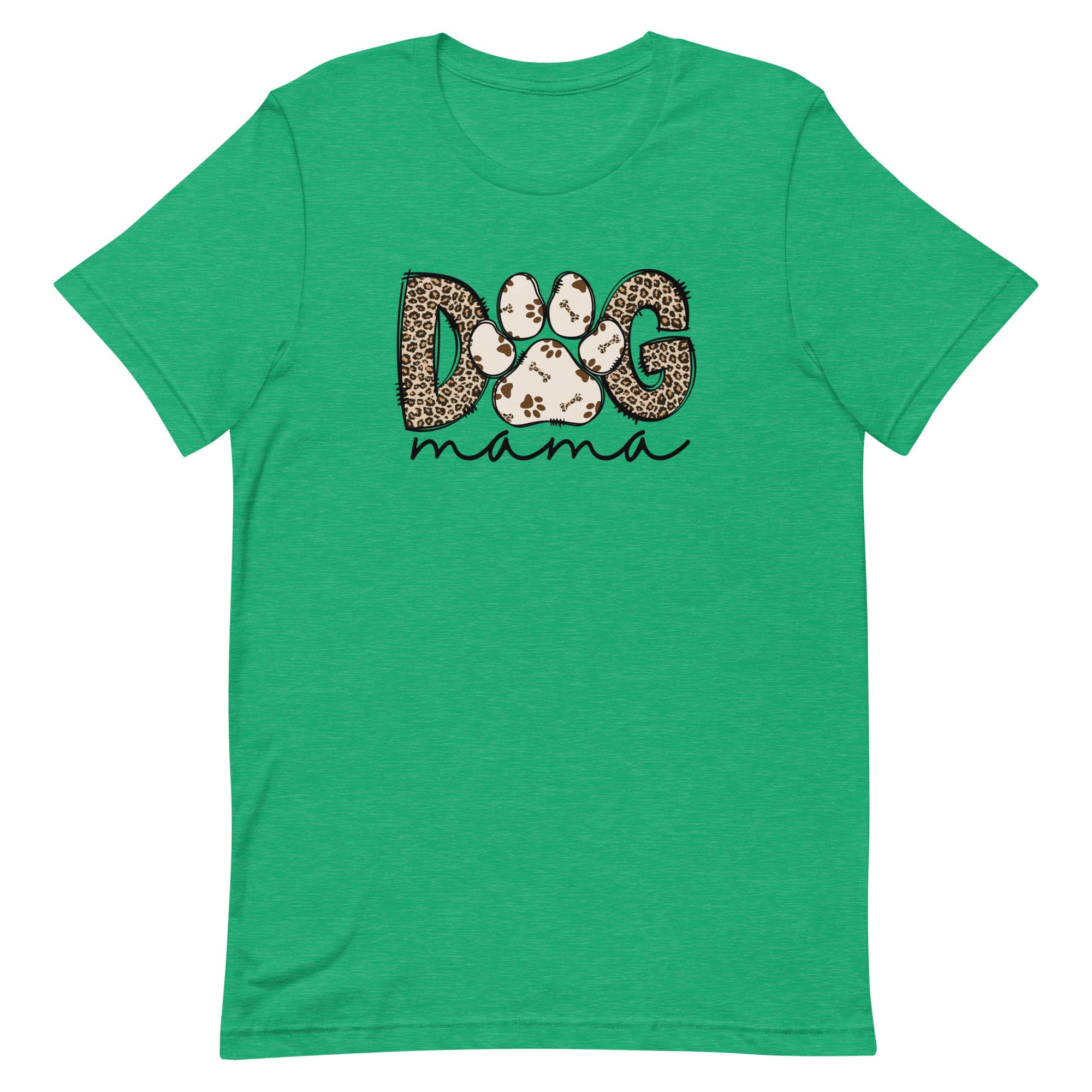 green women's t-shirt with fashionable "Dog Mama" text in leopard animal print