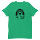 green women's t-shirt with positive message "be kind" with a cute rainbow and heart. all black design.