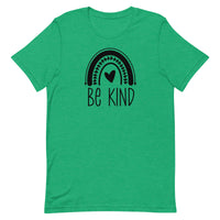 green women's t-shirt with positive message "be kind" with a cute rainbow and heart. all black design.