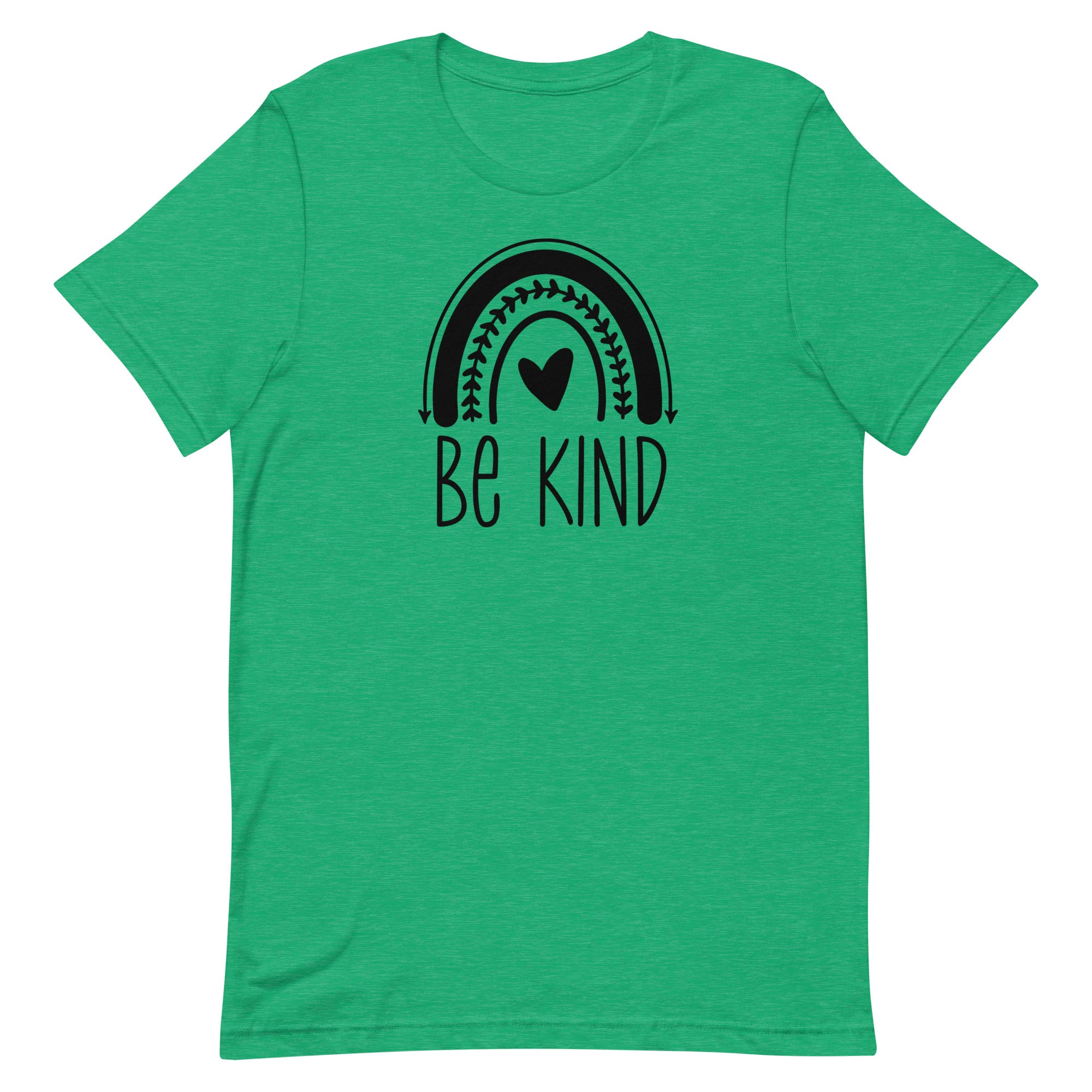 green women's t-shirt with positive message "be kind" with a cute rainbow and heart. all black design.