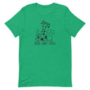 kelly green t-shirt with animal, shelter pet saying "rescue, adopt, foster" with 3 cute cartoon dog images