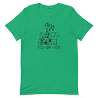 kelly green t-shirt with animal, shelter pet saying "rescue, adopt, foster" with 3 cute cartoon dog images