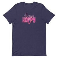 unisex navy t-shirt with "choose happy" positive message in pink