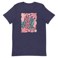 women's navy T-shirt with Cowgirl Boot, feminine Western Design with cactus, flowers in pink, green