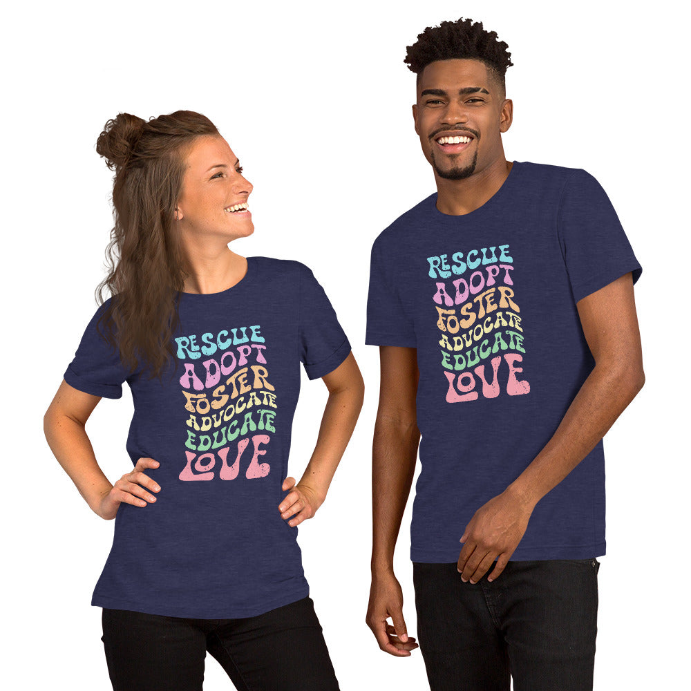 Navy t-shirt with animal, dog saying "rescue, adopt, foster, advocate, educate, love" in pink, blue, peach, yellow, green