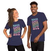 Navy t-shirt with animal, dog saying "rescue, adopt, foster, advocate, educate, love" in pink, blue, peach, yellow, green