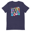 navy blue t-shirt with funny dog saying "I just want to pet all the dogs" in colorful wavy text