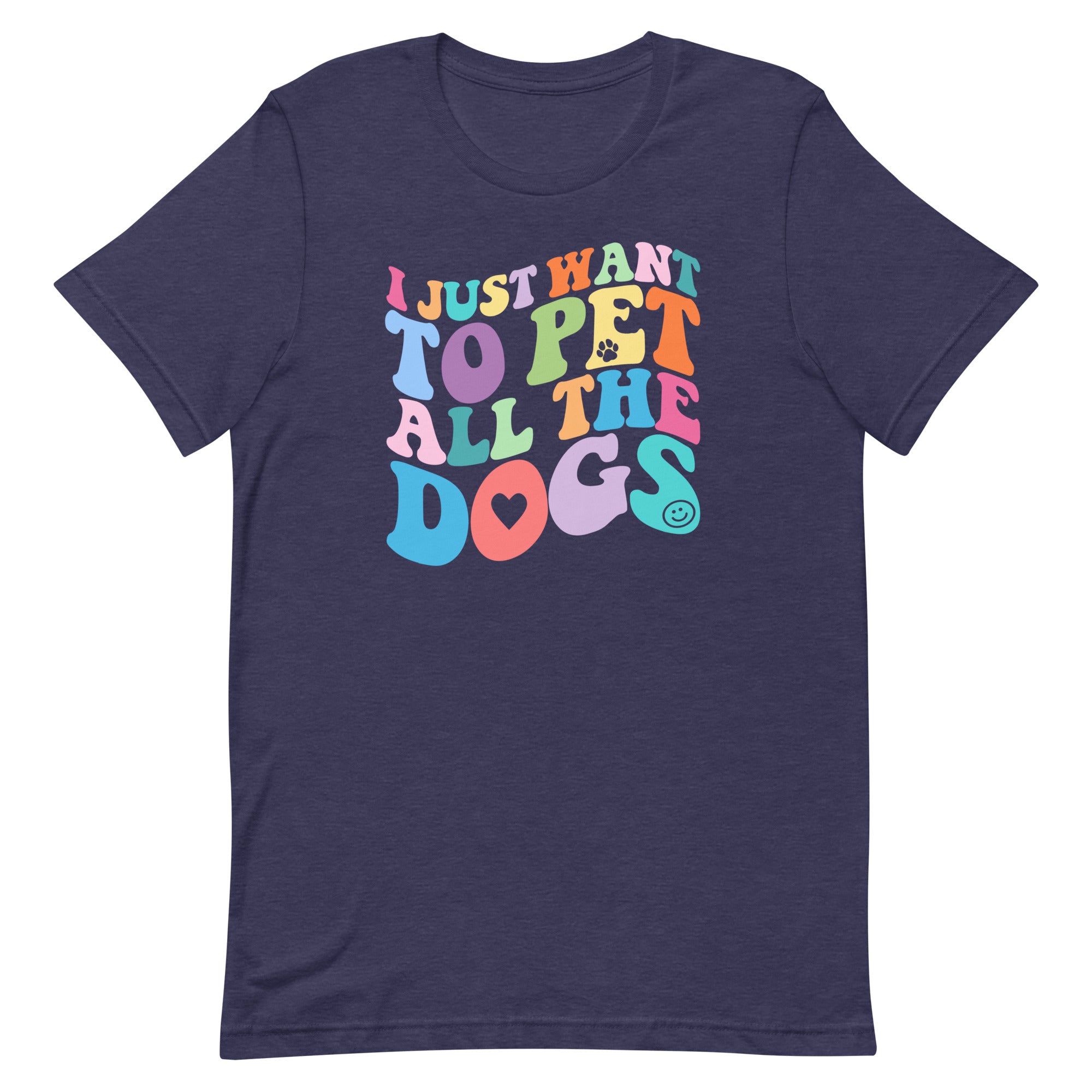navy blue t-shirt with funny dog saying "I just want to pet all the dogs" in colorful wavy text