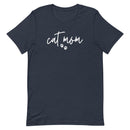 women's navy t-shirt with simple, minimalist "cat mom" and cat paw prints in white